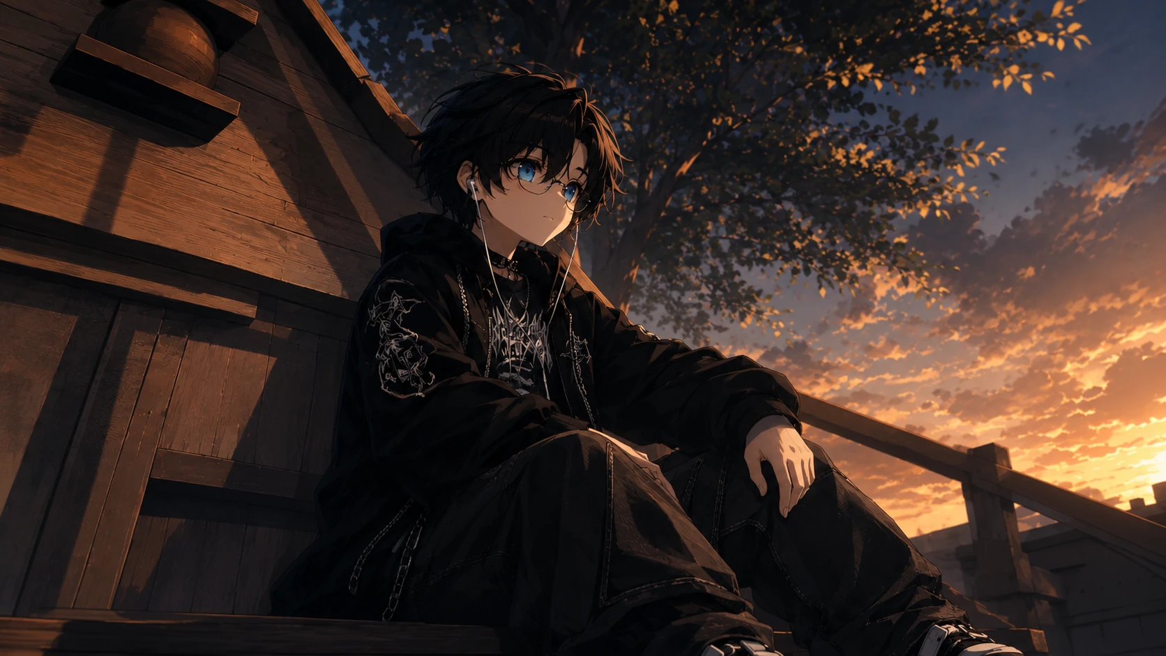 Klevshi standing in front of a warm wooden building at sunset