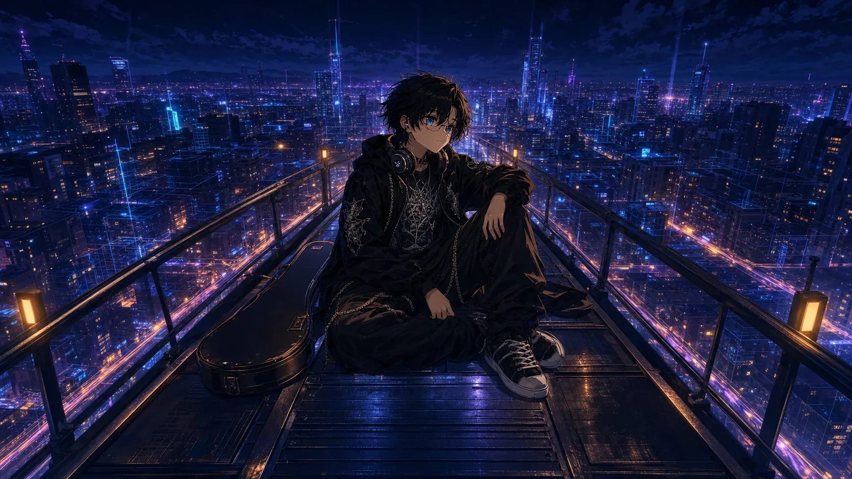 Klevshi on a rooftop above a neon night city with a guitar case and glowing rhythm-like roads